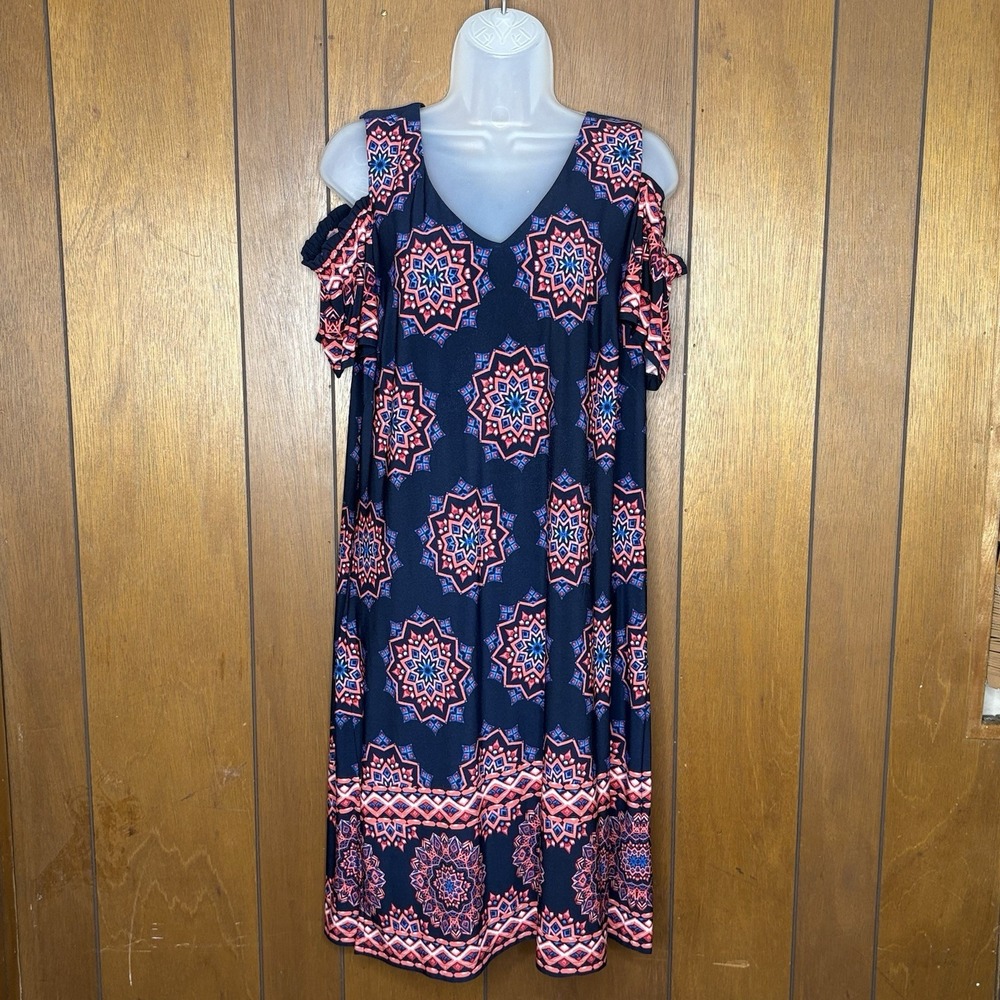 WHBM Dress L Blue Cold Shoulder‎ Boho Geometric Shift Festival Artsy Resort Y2K